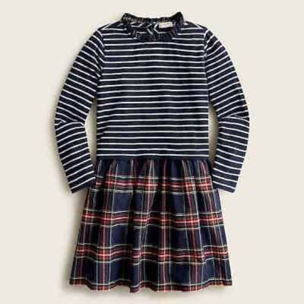 Crewcuts Girls Ruffleneck Mixy Dress In Navy Stripe and Plaid Size Medium (8-9)